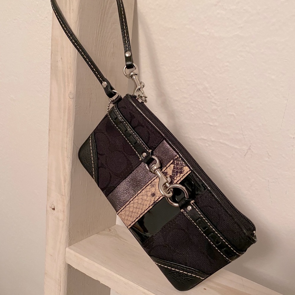 Coach signature Wristlet with suede snake patent